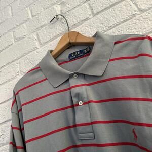 Polo Ralph Lauren Shirt Men 2XLB Gray w/Red Stripe‎ Pima Soft Touch Short Sleeve